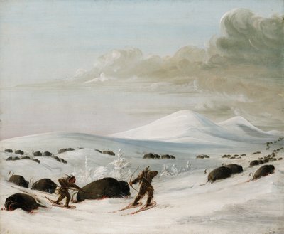 Puhvelijahti lumihangessa, intiaanit lumikengillä takaa-ajossa tekijältä George Catlin
