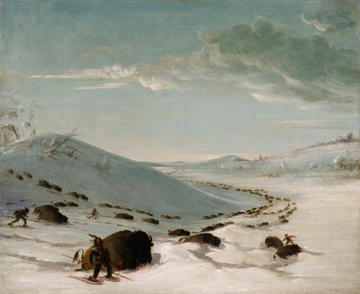 Buffalo Chase in Winter, Intiaanit lumikengillä, 1832-1833. tekijältä George Catlin