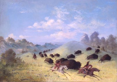 Comanche-intiaanit jahtaavat puhveleita keihäiden ja jousien kanssa. tekijältä George Catlin