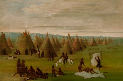 Komanssien kylä, naiset pukevat vaatteita ja kuivaavat lihaa. tekijältä George Catlin