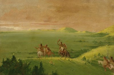 Comanche War Party, päällikkö, joka etsi vihollista ja kehotti miehiään auringonnousussa, 1834-1835. tekijältä George Catlin