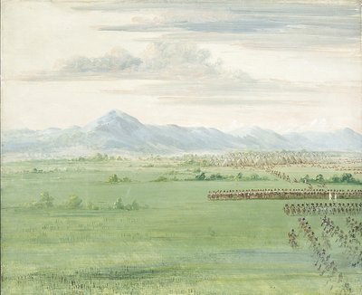 Comanche-soturit valkoisen lipun kanssa ottavat vastaan dragoonit tekijältä George Catlin