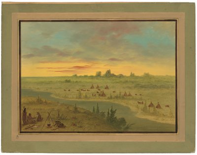 Pawnee-intiaanien leiriytys auringonlaskun aikaan tekijältä George Catlin