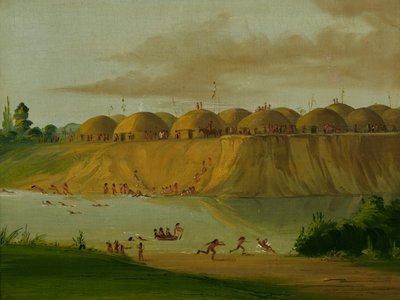 Hidatsan kylä, maan peittämät majat Knife-joen varrella, 1810 mailia St. Louisin yläpuolella, 1832. tekijältä George Catlin