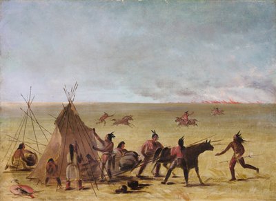Intiaaniperhe hälytti preerian palon lähestyessä tekijältä George Catlin