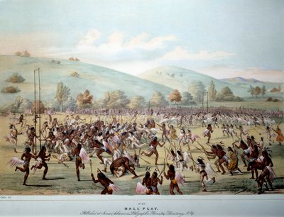 Amerikan intiaani: pallopeli Red Skins -heimossa. George Catlinin (1794-1872) vedos 1800-luvun yksityinen kokoelma tekijältä George Catlin