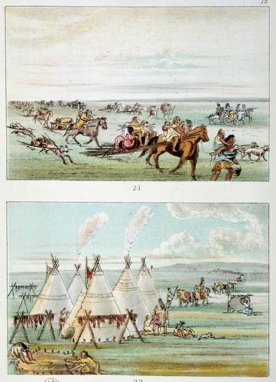 Amerikan intiaanit: myytävänä nahkojen kanssa liikkuva heimo. (Alhaalla) 500-600 tipin heimo. Kuvitus George Catlin (1794-1872) tekijältä George Catlin