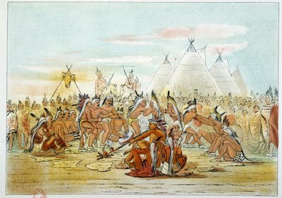 Amerikan intiaanit: Sioux-tanssia muistuttava assiniboin-heimo. Kuvitus George Catlin (1794-1872) tekijältä George Catlin