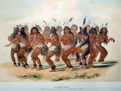 Amerikan intiaanit: Bear Dance, Red Skin -heimon rituaali. Kuvitus George Catlin (1794-1872) tekijältä George Catlin