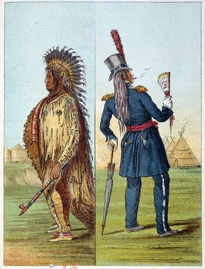 Amerikan intiaanit: Intian assiniboine-eläinlääkäri armeijassa taskussaan kaksi pulloa viskiä. Kuvitus George Catlin (1794-1872) tekijältä George Catlin