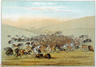 Amerikan intiaanit: Intiaaniminiataarit, jotka metsästävät puhvelia keihäillä. Kuvitus George Catlin (1794-1872) tekijältä George Catlin