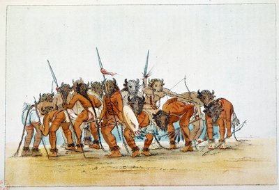 Amerikan intiaanit: Mandansotureiden tapaaminen puhvelinpään pokaalin päässä. Kuvitus George Catlin (1794-1872) tekijältä George Catlin