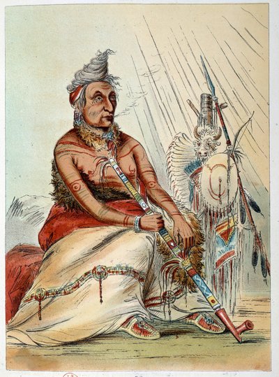 Amerikan intiaanit: Muotokuva vanhasta intialaisesta kokista, joka polttaa piippuaan nimeltä The Black Mocassin. Kuvitus George Catlin (1794-1872) tekijältä George Catlin