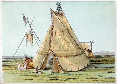 Amerikan intiaanit: Crows-heimon Tipi, jonka päällä on poimintoja. Kuvitus George Catlin (1794-1872) tekijältä George Catlin