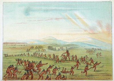 Amerikan intiaanit: metsästyksen opetusta 7–15-vuotiaille mandanilaisille. Kuvitus George Catlin (1794-1872) tekijältä George Catlin