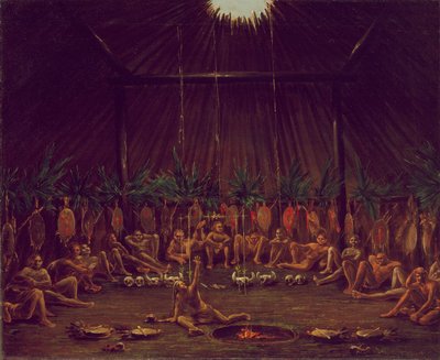 Sisäkuva Medicine Lodge, Mandan O-kee-pa seremoniaa varten tekijältä George Catlin