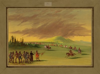 La Salle tapaa Cenis-intiaanien sotapuolueen Texasin preerialla, 25. huhtikuuta 1686, 1847-48 tekijältä George Catlin