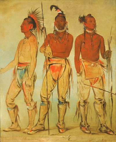 Mun-ne-pús-kee, Hän, joka ei pelkää, Ko-ha-túnk-a, Big Crow ja Nah-cóm-ee-shee..., 1834. tekijältä George Catlin
