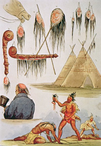 Hiuspohjan scalping ja koristeellinen käyttö (akvarelli paperille) tekijältä George Catlin