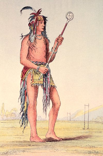 Sioux-palloilija Ah-No-Je-Nange, "Se, joka seisoo molemmilla puolilla" (käsinvärinen lito) tekijältä George Catlin