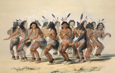 The Bear Dance -yksityiskohta, pubi. 1845 värilitografia. tekijältä George Catlin