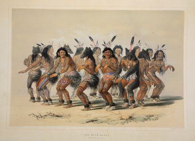 The Bear Dance, pubi. 1845 värilitografia. tekijältä George Catlin