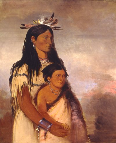 Túnk-aht-óh-ye, Ukkonen, poika, ja Wun-pán-to-mee, Valkoinen näätä, tyttö. tekijältä George Catlin