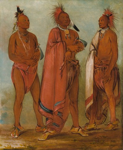 Wa-másh-ee-sheek, Hän, joka vie pois; Wa-chésh-uk, sota; Mink-chésk, Kolme kunnostautunutta nuorta miestä. tekijältä George Catlin