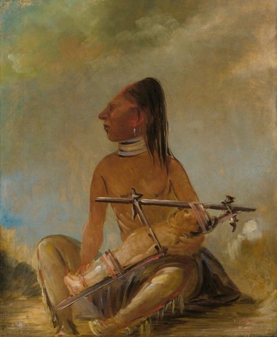 Nainen ja lapsi, näyttää kuinka lasten päät litistetään, 1837-1839 tekijältä George Catlin
