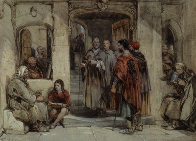Kohtaus luostarielämästä, 1850 (wc paperilla) tekijältä George Cattermole
