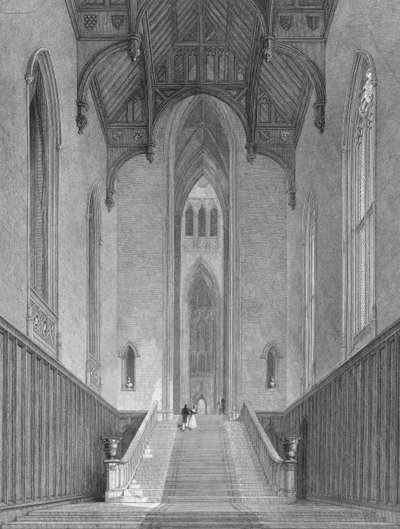 Great Western Hall, joka johtaa Grand Salooniin tai Octagoniin, Fonthill Abbey, kaiverrus C.J. Varrall, 1823 tekijältä George Cattermole