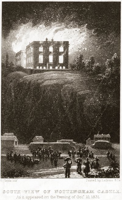 Nottinghamin linna palamassa etelästä katsottuna, 1831 tekijältä George Childs