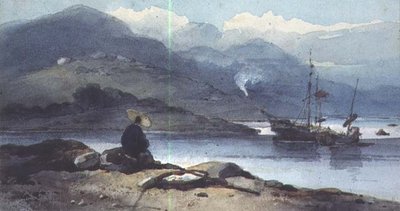 Kiinalainen joki, jonka rannalla on hahmo tekijältä George Chinnery