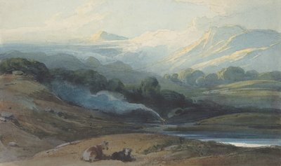 Karja lepää vuoristoisessa maisemassa, n. 1808-12. tekijältä George Chinnery