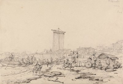 Rannikkokohtaus kalastajien ja rakennusten kanssa, Macao tekijältä George Chinnery