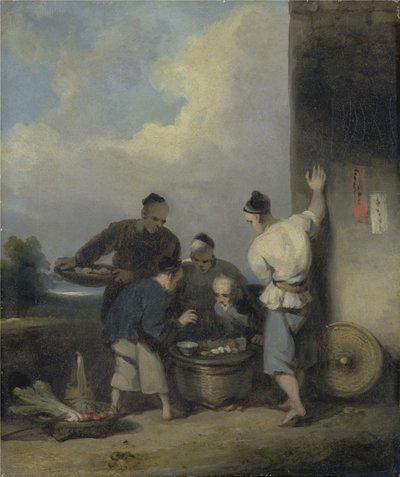 Coolies Round the Food myyjän kioskissa, vuoden 1825 jälkeen (öljy kankaalle) tekijältä George Chinnery