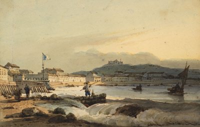 Praia Grande, Macao, etelästä, Pietarin linnoitus vasemmalla, 1830-1845 tekijältä George Chinnery