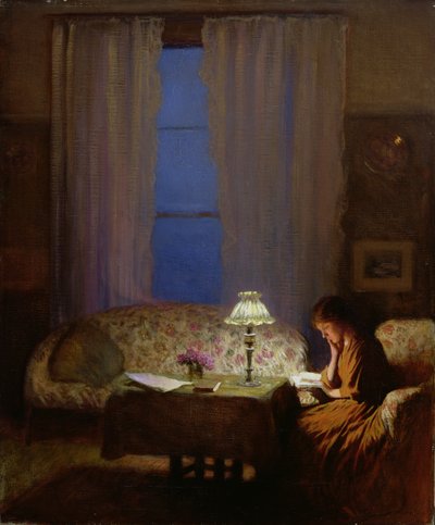 Lukeminen lampun valossa (Twilight: Interior) (öljy kankaalle) tekijältä George Clausen