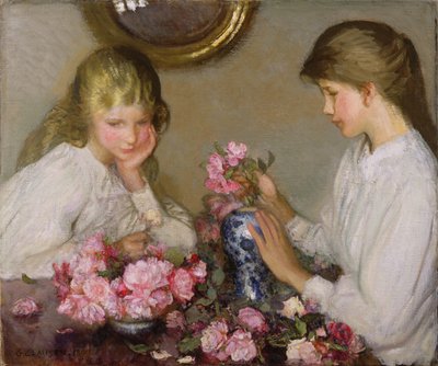 Kaksi tyttöä järjestämässä poseja tekijältä George Clausen