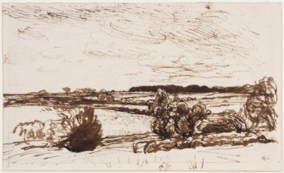 Tuulen puhaltama maisema (kynä, sivellin ja seepiamuste paperille) tekijältä George Clausen