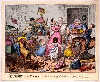 KOTONA TAIMENTOON, tai Mestarit ja kaksi kenkiä kaipaavat joulujuhlat, 1835 (värillinen etsaus) tekijältä George Cruikshank