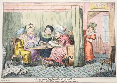 Utelias Junto herjaavien haltioiden - tai "Kuuntelijat harvoin kuulevat hyvää itsestään", 1835 (käsinvärinen kaiverrus) tekijältä George Cruikshank