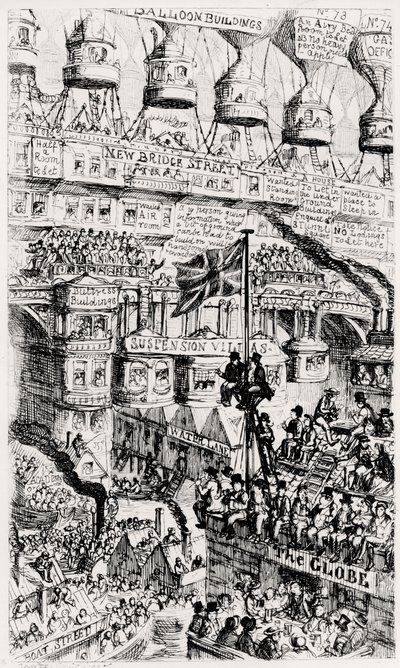 Malthusilainen näkemys tulevaisuudesta ylikansotusta Lontoosta, Englannista Thomas Malthusin kirjoitusten mukaan tekijältä George Cruikshank