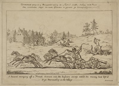 Talonpoika, joka kantoi ranskalaisen tykin Venäjän leiriin vihollisen jättäessä sen ryöstämään kylässä, julkaistu 8. kesäkuuta 1813 tekijältä George Cruikshank
