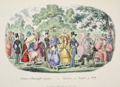 Kohtaus Kensington Gardensissa - tai - Vuoden 1829 muoti ja pelot, pub. 1829 (käsinvärinen kaiverrus) tekijältä George Cruikshank