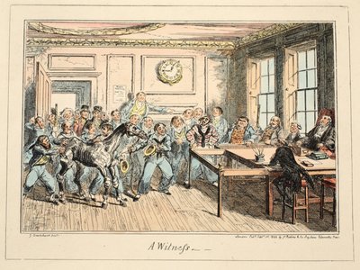 Todistaja, Greenwichin sairaalasta, sarja merivoimien luonnoksia, jotka kuvaavat sotamiehen elämää, pub. 1825 (käsin väritetty kaiverrus). tekijältä George Cruikshank