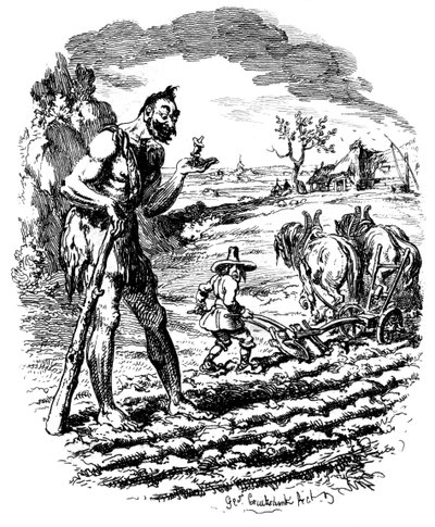Jättiläinen seisoo pellolla, kun maanviljelijä kyntää, 1800-luku. tekijältä George Cruikshank
