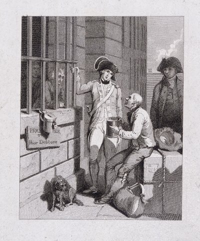 "Vieläkauppa: Tom & Jerry vierailemassa Logicilla Fleetin laivalla", Fleet Prison, Lontoo, 1821 tekijältä George Cruikshank