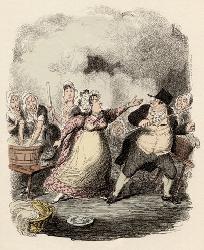 Saattohoidossa herra Bumble vastustaa ankarasti hänen vaimoaan, Madame Corneyta - herra Bumble huonontunut köyhien silmissä - Charles Dickensin (1812-1870) kuvitus "Oliver Twist" (Olivier) (Oliver Twistin seikkailut) , kirjoittanut George Cruikshan tekijältä George Cruikshank