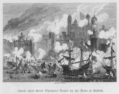 Suffolkin herttuan hyökkäys Pyhän Tuomaan torniin (kaiverrus) tekijältä George Cruikshank